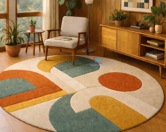 Large Round Mid Century Modern Rug Geometric Bauhaus Area Rug for Living Room, Hand Tufted Retro Circle Carpet Minimalist Abstract Art Floor