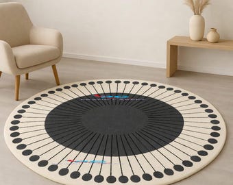 Round Mid Century Modern Rug, Black and Cream Sunburst Area Rug, Minimalist Geometric Circle Carpet, Large Round Rug for Living Room,