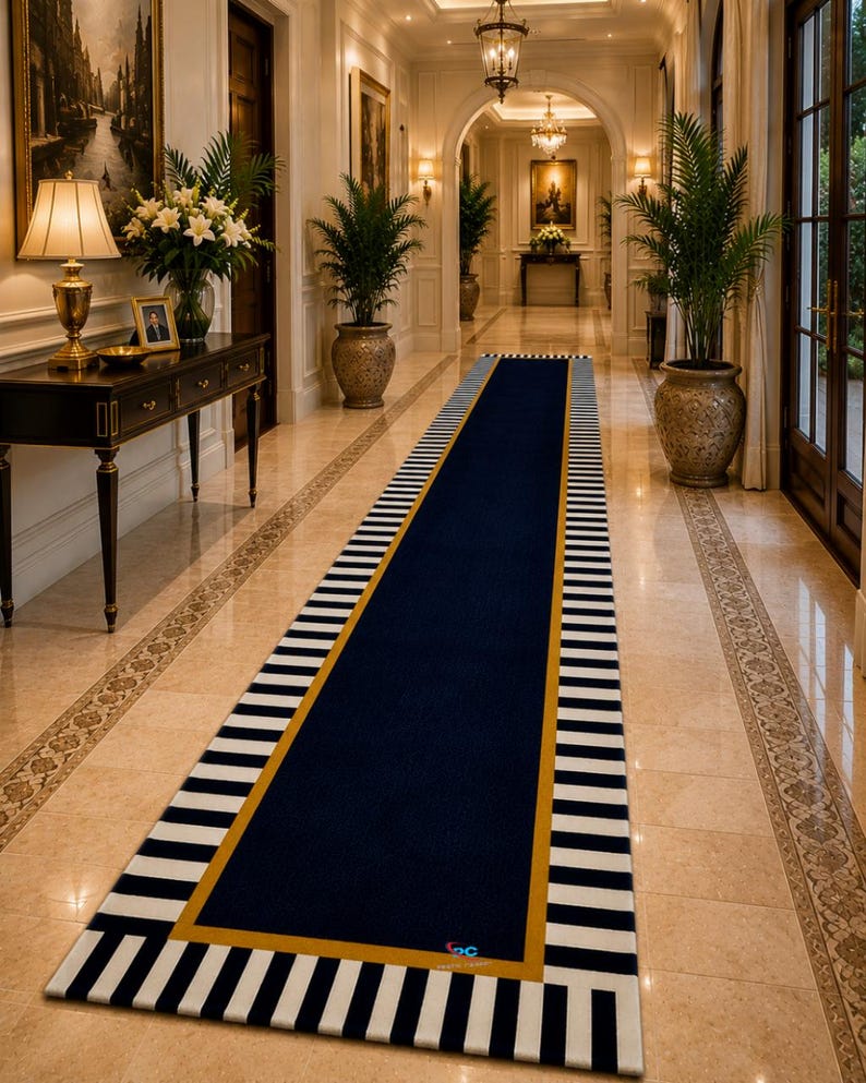 May include: A long rectangular runner rug featuring a solid navy blue centre, a thin mustard yellow border, and a wide outer edge with alternating black and white vertical stripes. The rug is positioned on a polished light-coloured tile floor.