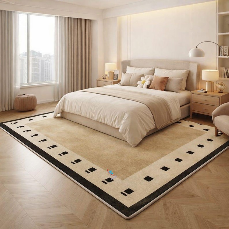 Pode incluir: Um tapete retangular bege com uma borda preta e um padr&atilde;o geom&eacute;trico repetitivo. O tapete est&aacute; colocado em um quarto com uma cama, mesinhas de cabeceira e uma janela com cortinas. O quarto tem uma paleta de cores neutras.