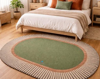 Tapete oval verde, tapete de lã feito à mão, tapete moderno para quarto, tapete para sala de estar, tapete oval tufado à mão, tapete sob medida, decoração para casa