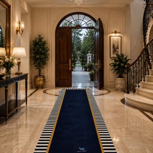 May include: A long rectangular runner rug featuring a solid navy blue centre, a thin gold border, and a black and white striped edge. The rug is positioned on a polished marble floor in a grand entryway, displaying a small logo near the bottom.