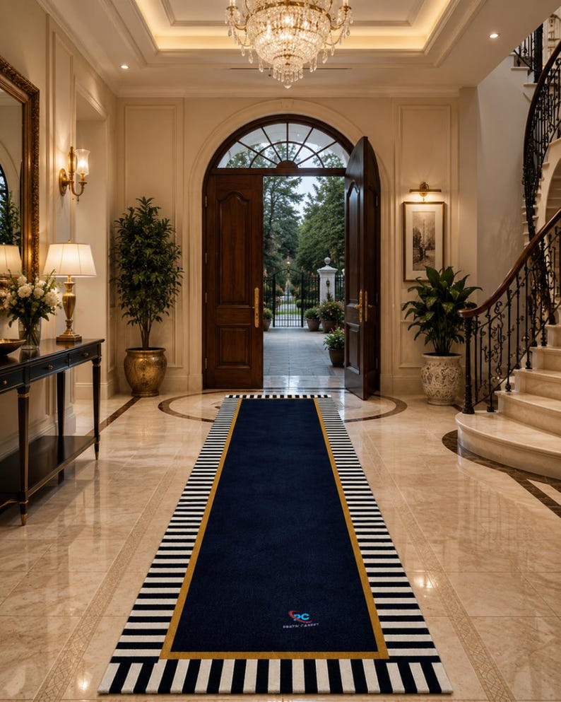 May include: A long rectangular runner rug featuring a solid navy blue centre, a thin gold border, and a black and white striped edge. The rug is positioned on a polished marble floor in a grand entryway, displaying a small logo near the bottom.