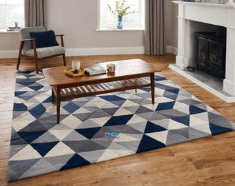 Blue Geometric Area Rug Modern Abstract Carpet Contemporary Living Room Rug Navy Triangle Pattern Bedroom Floor Mat Scandinavian Home Decor