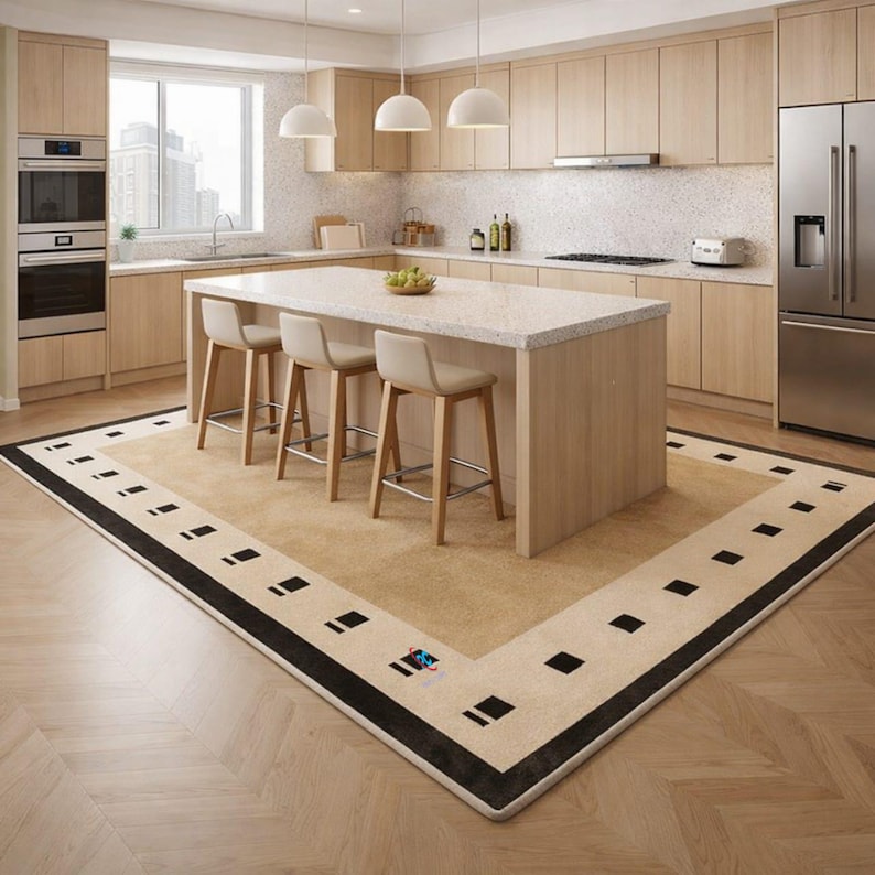 Pode incluir: Uma cozinha moderna com arm&aacute;rios de madeira clara, uma grande ilha com assentos e um tapete bege com borda preta e detalhes geom&eacute;tricos. Eletrodom&eacute;sticos de a&ccedil;o inoxid&aacute;vel e lumin&aacute;rias pendentes completam o design contempor&acirc;neo.