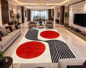Modern Abstract Area Rug Red Circle Geometric rug Black White Striped Living Room Rug Minimalist Contemporary Floor Decor Large Accent Rug