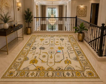Vintage Oushak Wool Rug - Cream and Mustard Yellow Boho Living Room Rug, Tribal Geometric Area Rug, Hand Knotted Turkish Style Dining Rug
