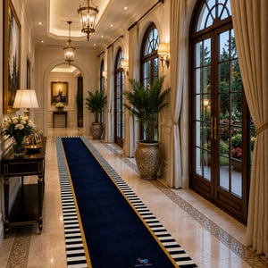 May include: A long rectangular runner rug featuring a deep navy blue centre, a thin gold border, and a black and white striped edge. The rug is positioned on a light-coloured stone floor in a hallway with arched windows and potted plants.