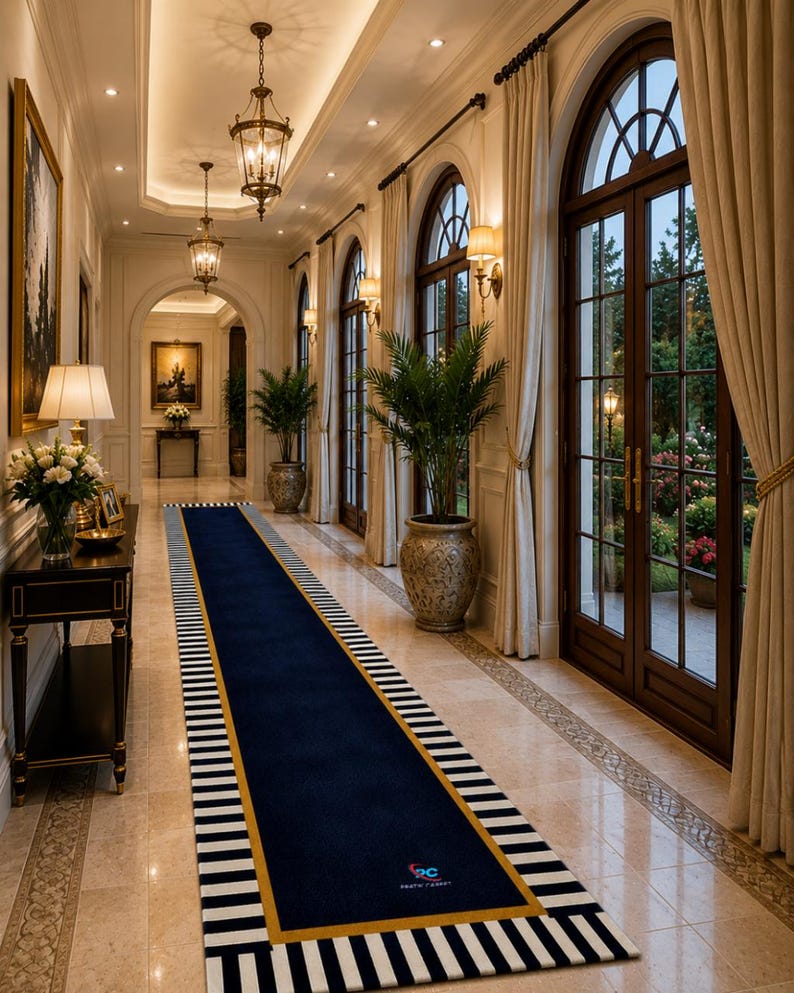 May include: A long rectangular runner rug featuring a deep navy blue centre, a thin gold border, and a black and white striped edge. The rug is positioned on a light-coloured stone floor in a hallway with arched windows and potted plants.