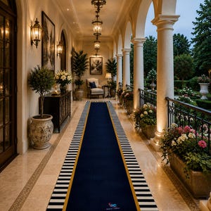 May include: A long rectangular runner rug featuring a solid navy blue centre bordered by a thin gold frame and a wide outer edge with alternating black and white vertical stripes. The rug is positioned on a light-coloured stone floor in a hallway.