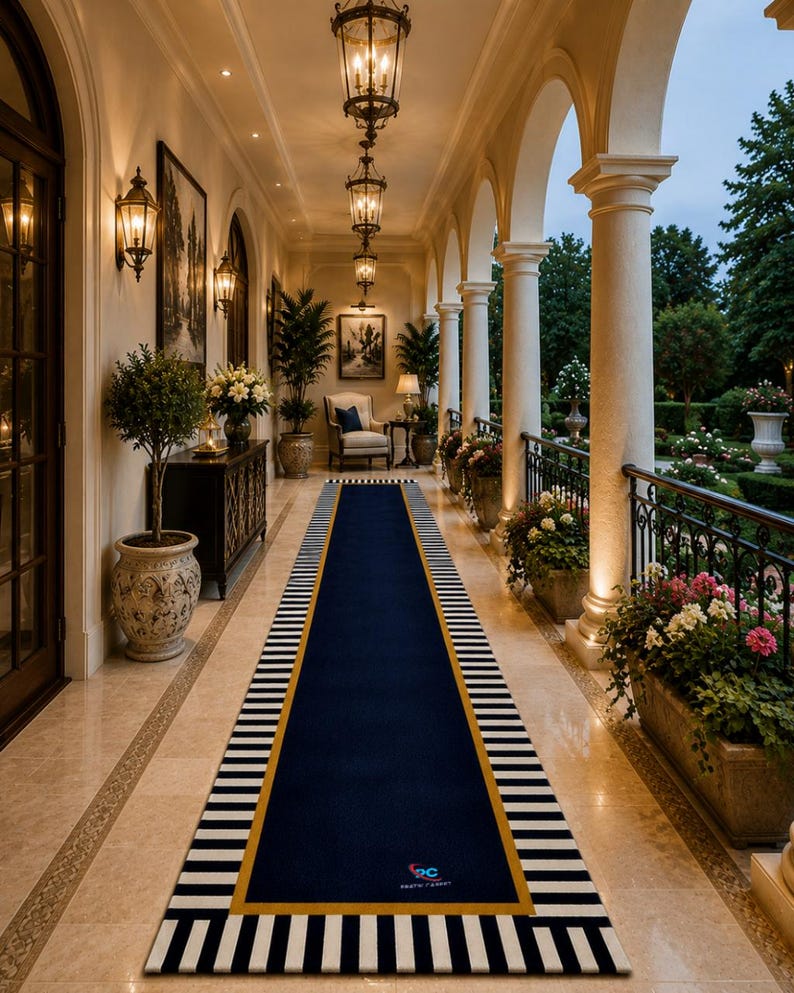 May include: A long rectangular runner rug featuring a solid navy blue centre bordered by a thin gold frame and a wide outer edge with alternating black and white vertical stripes. The rug is positioned on a light-coloured stone floor in a hallway.