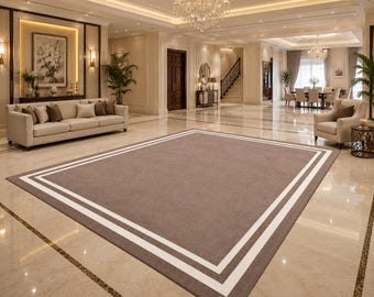 Taupe Ivory Area Rug, Minimalist Border Rug, Modern Handmade Carpet, Neutral Living Room Rug, Contemporary Large Rug, Elegant Home Decor