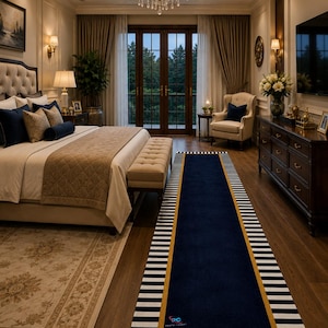 May include: A long rectangular runner rug featuring a solid navy blue centre bordered by a thin gold line and a black and white striped edge. The rug displays a small logo in the bottom left corner of the blue section, placed on a wooden floor.