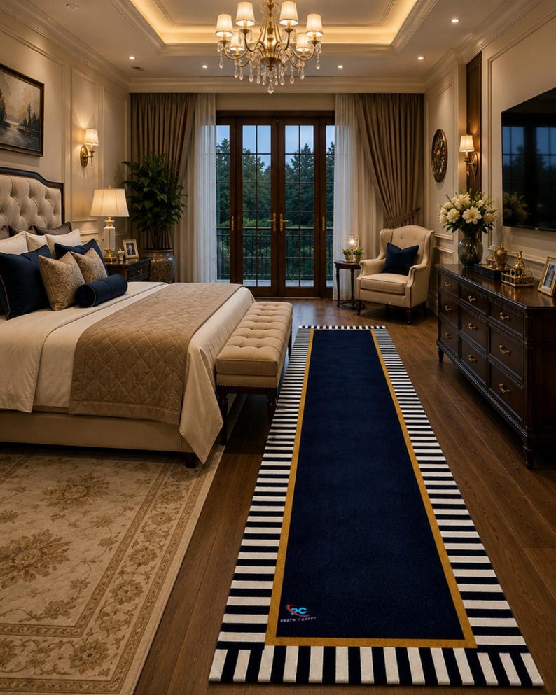May include: A long rectangular runner rug featuring a solid navy blue centre bordered by a thin gold line and a black and white striped edge. The rug displays a small logo in the bottom left corner of the blue section, placed on a wooden floor.