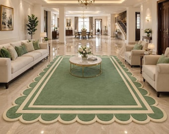 Sage Green Scalloped Wool Rug Hand Tufted Scallop Border Area Rug Modern Cream  Green Scallop Edged Carpet for Living Room, Large Dining Rug