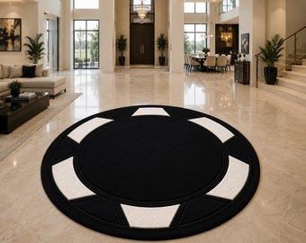 Black White Round Rug, Modern Geometric Area Rug, Luxury Wool Carpet, Handmade Tufted Rug, Contemporary Living Room Decor
