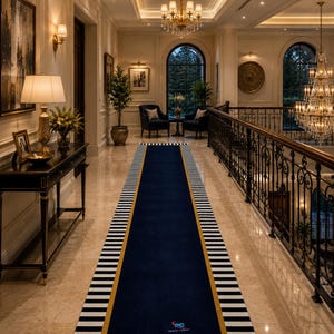 May include: A long rectangular runner rug featuring a solid navy blue centre bordered by a thin gold line and a wide outer frame of alternating black and white vertical stripes. The rug includes a small logo printed near the bottom edge.