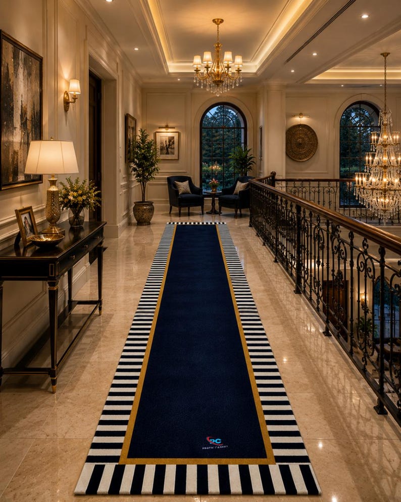 May include: A long rectangular runner rug featuring a solid navy blue centre bordered by a thin gold line and a wide outer frame of alternating black and white vertical stripes. The rug includes a small logo printed near the bottom edge.
