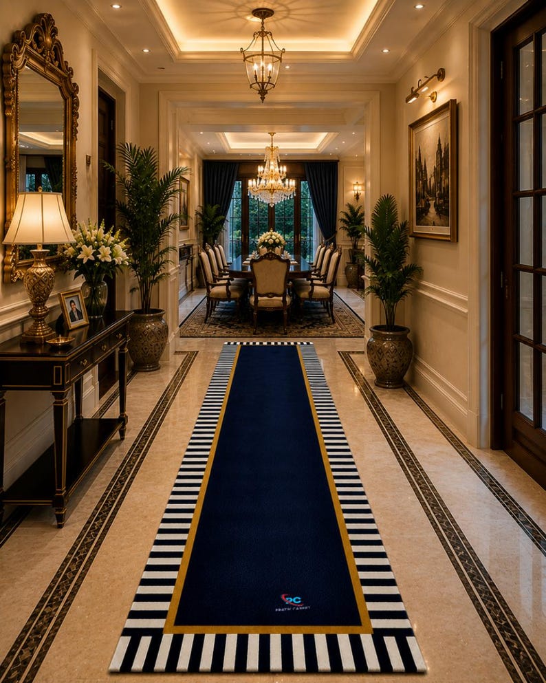 Hand Tufted Runner Rug, Navy Blue Wool Rug, Modern Hallway Runner, Striped Entryway Rug, Long Wool Carpet, Custom Runner Rug image 6