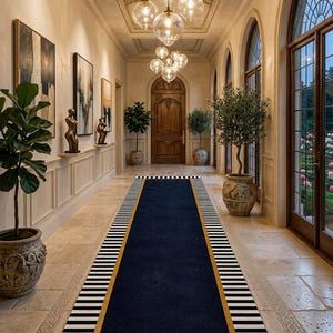 Hand Tufted Runner Rug, Navy Blue Wool Rug, Modern Hallway Runner, Striped Entryway Rug, Long Wool Carpet, Custom Runner Rug image 1
