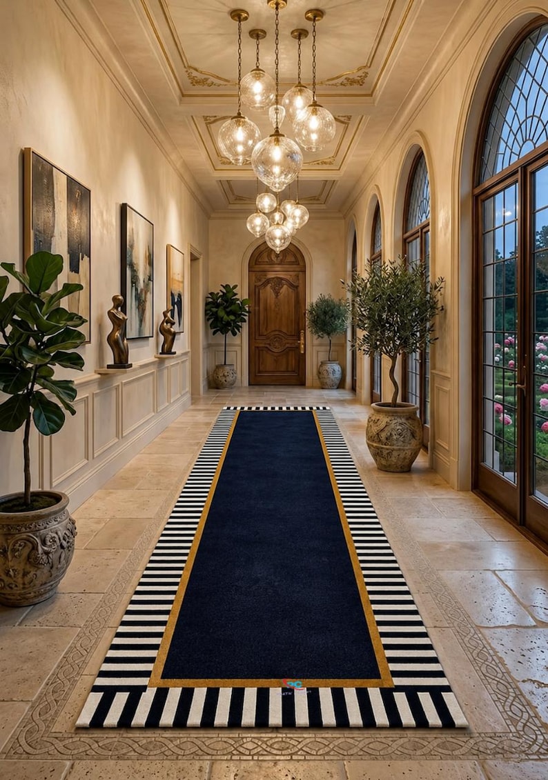 Hand Tufted Runner Rug, Navy Blue Wool Rug, Modern Hallway Runner, Striped Entryway Rug, Long Wool Carpet, Custom Runner Rug image 1