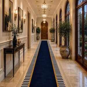 May include: A long, rectangular runner rug featuring a deep navy blue centre, a thin gold border, and black and white striped edges. The rug is positioned in a hallway and displays a small, multi-coloured logo near the bottom centre.