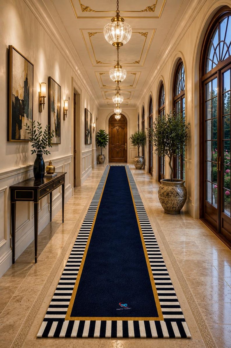 May include: A long, rectangular runner rug featuring a deep navy blue centre, a thin gold border, and black and white striped edges. The rug is positioned in a hallway and displays a small, multi-coloured logo near the bottom centre.