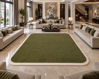 Alfombra moderna verde para exteriores, alfombra verde oliva para patio, alfombra de borde para interiores y exteriores, alfombra contemporánea para balcón, porche, jardín o terraza.
