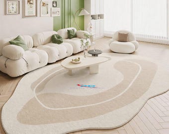 Tapete abstrato bege com formato irregular, moderno e neutro, com padrão orgânico, para sala de estar, minimalista, estilo escandinavo.