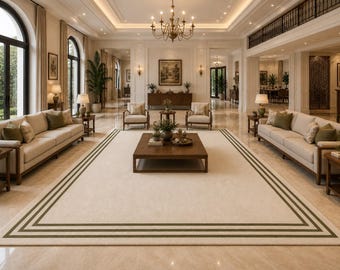 Large Cream Area Rug with Olive Green Border, Modern Minimalist Hand Tufted Wool Rug for Living Room, Custom Extra Large Dining Room Carpet