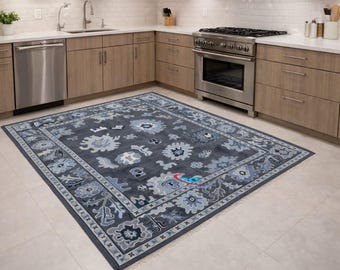 Hand Knotted Oushak Rug, Light Blue & Grey Wool Area Rug, Traditional Turkish Floral Carpet for Living Room, Large 8x10 9x12 Custom Rug,