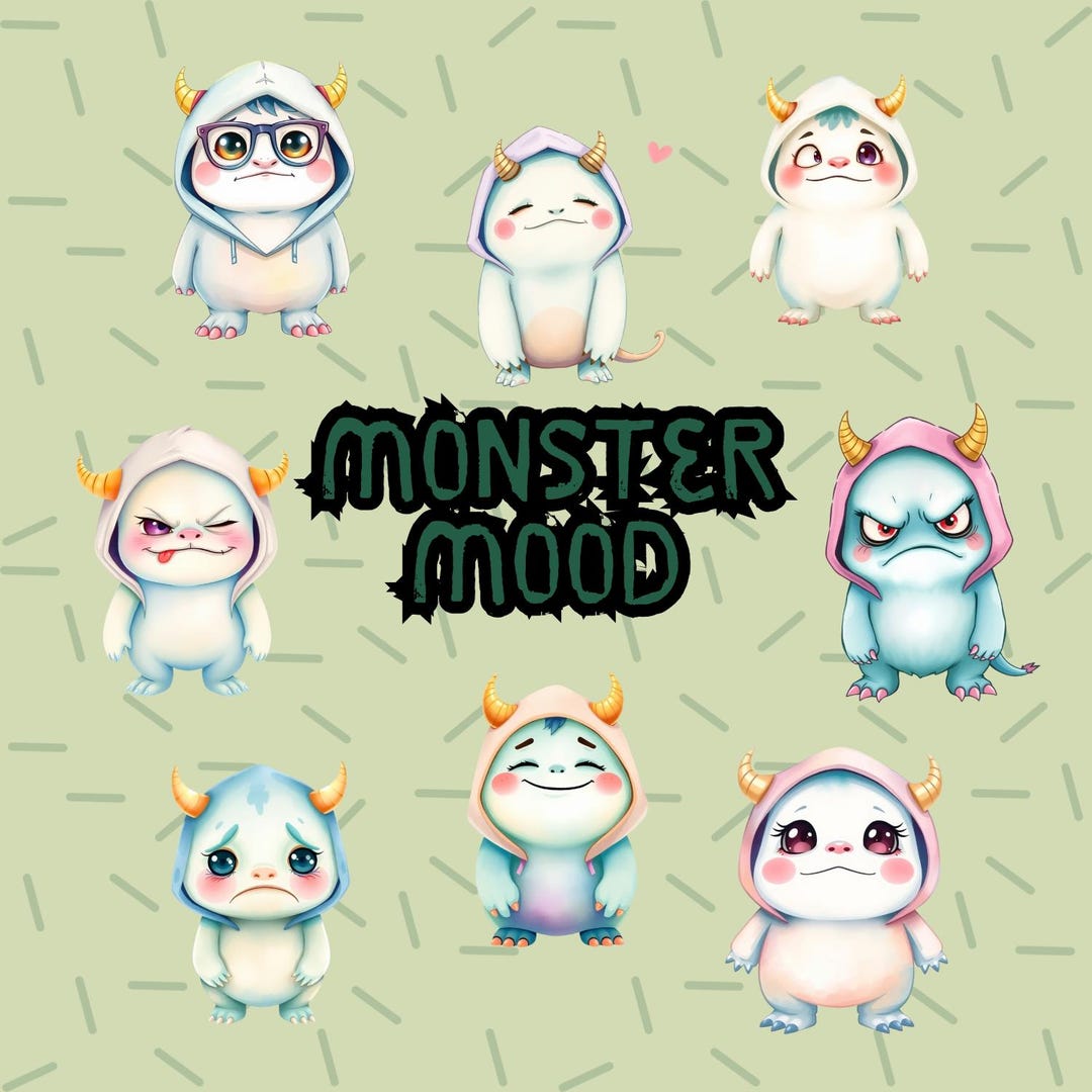 Cute Monster Emotions Clipart Bundle – 8 PNG Files, Pastel Chibi ...
