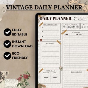 Vintage-Themed Daily Planner | Digital & Printable Planner | Undated Printable Planner PDF | Retro Aesthetic To-Do List Schedule Planner