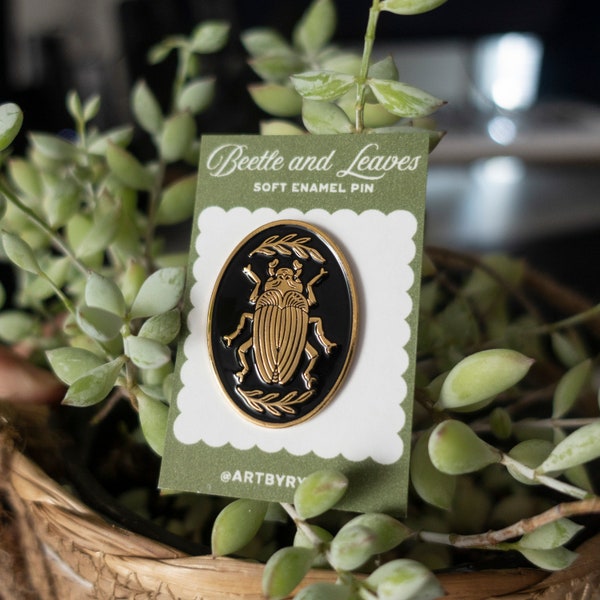 Beetle and Leaves Black and Gold Soft Enamel Pin