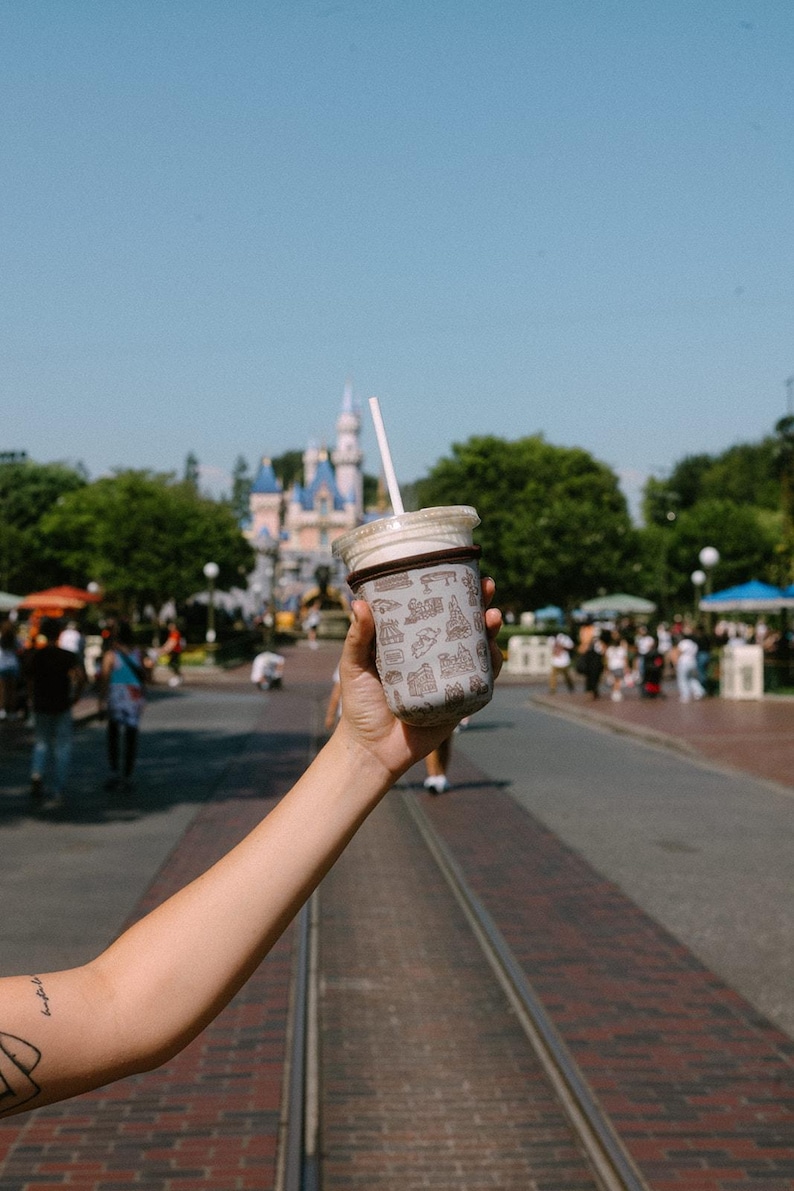 May include: A person holds a white and brown paper cup with a straw. The cup has a design of various Disney characters and attractions. The cup is in front of a blurred background of a theme park with a castle in the distance.