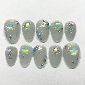 Star Glitter Press On Nails | Holographic Almond Nails | Minimalist Galaxy Fake Nails | Handmade Cosmic Nail Art Set | Size Medium