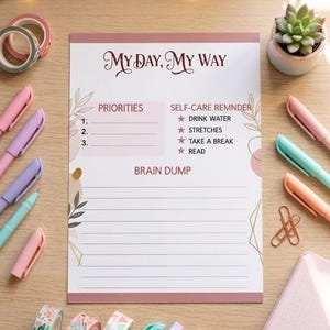 Daily Planner Notepad 5x7 Priorities Self Care Brain Dump Tear Off Pad