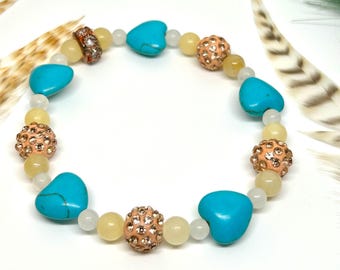 Beaded Bracelet Stretch Bracelet Stackable Gemstones Turquoise, yellow jade, & quartz. Gifts for her, festivals and fairs.