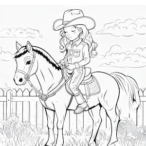 Coloring page - Cowgirl on a horse in a field