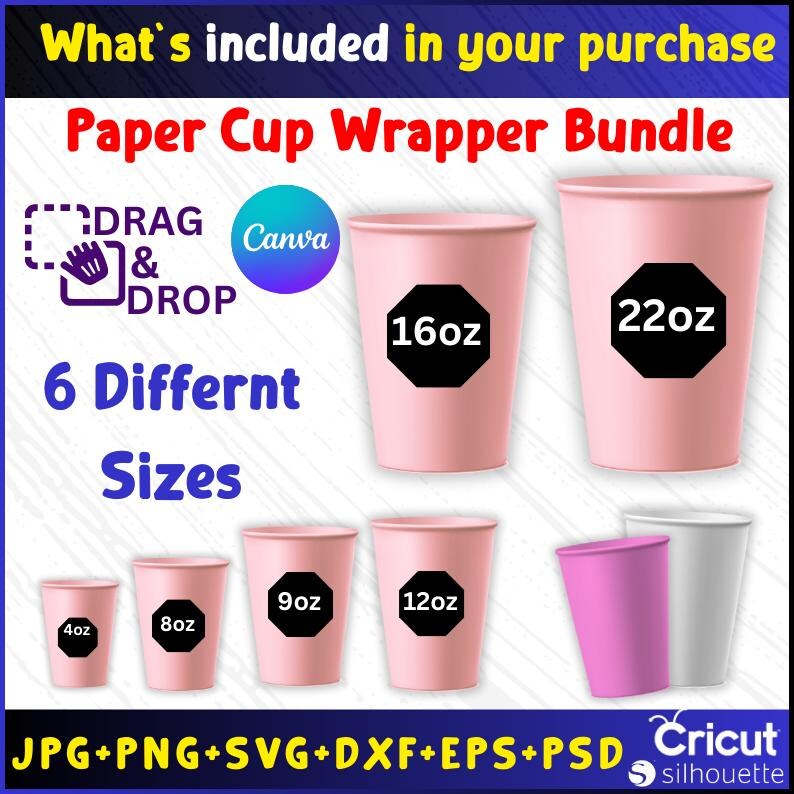 Paper Cup Wrapper Template Bundle, 6 Size's Paper Cup, 4oz- 8oz- 9oz ...