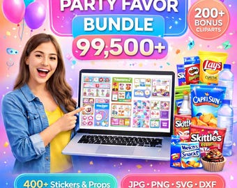 99500+ Party Favor Template Bundle, Party Favor Mockups, Chip Bag Water Bottle Label Shoe Box Template, Nutrition Facts, Editable Canva, SVG