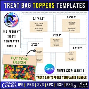 Treat Bag Toppers Template Bundle SVG ,Editable Treat Bag Topper , Canva Editable Template, Party Favor Template , Treat Bag Stickers, SVG
