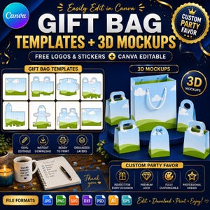 May include: A digital design set featuring gift bag templates and 3D mockups with a blue sky and green hill pattern. The graphic includes text such as Easily Edit in Canva, Gift Bag Templates + 3D Mockups, and Custom Party Favor, alongside icons for file formats like JPG, PNG, SVG, DXF, PSD, AI, and EPS.