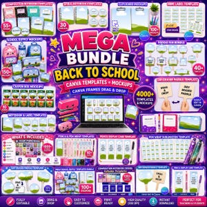 Back to School Canva Mega Bundle, School Supplies, Back to School, Composition Notebook, Name Label, Classroom Decor, Spiral Notebook, DIY