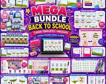 Back to School Canva Mega Bundle, School Supplies, Back to School, Composition Notebook, Name Label, Classroom Decor, Spiral Notebook, DIY