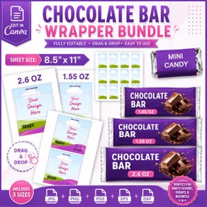 May include: A digital bundle of chocolate bar wrapper templates featuring purple and white designs. Includes layouts for 1.45 oz, 1.55 oz, and 2.6 oz bars, plus mini candy wrappers. Text includes Chocolate Bar, Mini Candy, and Your Design Here.
