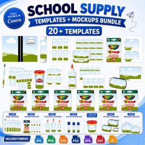 School Supplies, Back to School Templates Bundle, Back to School Mockups, Editable Canva Template, Notebook, Glue Pencil Crayon Play-Doh DIY