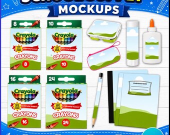 Back to School Mockup Bundle Canva Template, Notebook Glue Pencil Crayon Mockup, School Supply Label Mockups, Drag & drop (Digital Download)