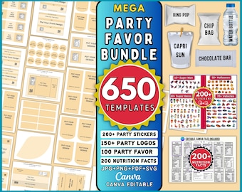 650 Party Favor Template Bundle, Chip Bag Template, Water Bottle Labels, Chocolate Bar Wrapper Template, Nutrition Facts,Party Favors Bundle