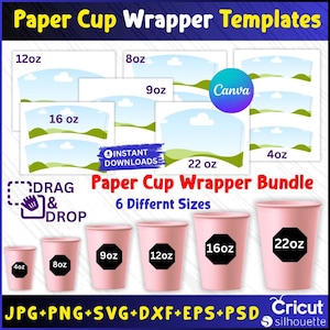 May include: Pink paper cup wrapper templates in various sizes, including 4oz, 8oz, 9oz, 12oz, 16oz, and 22oz. The image also shows the paper cup templates with a sky and grass design. The text includes "Paper Cup Wrapper Templates" and "Paper Cup Wrapper Bundle".